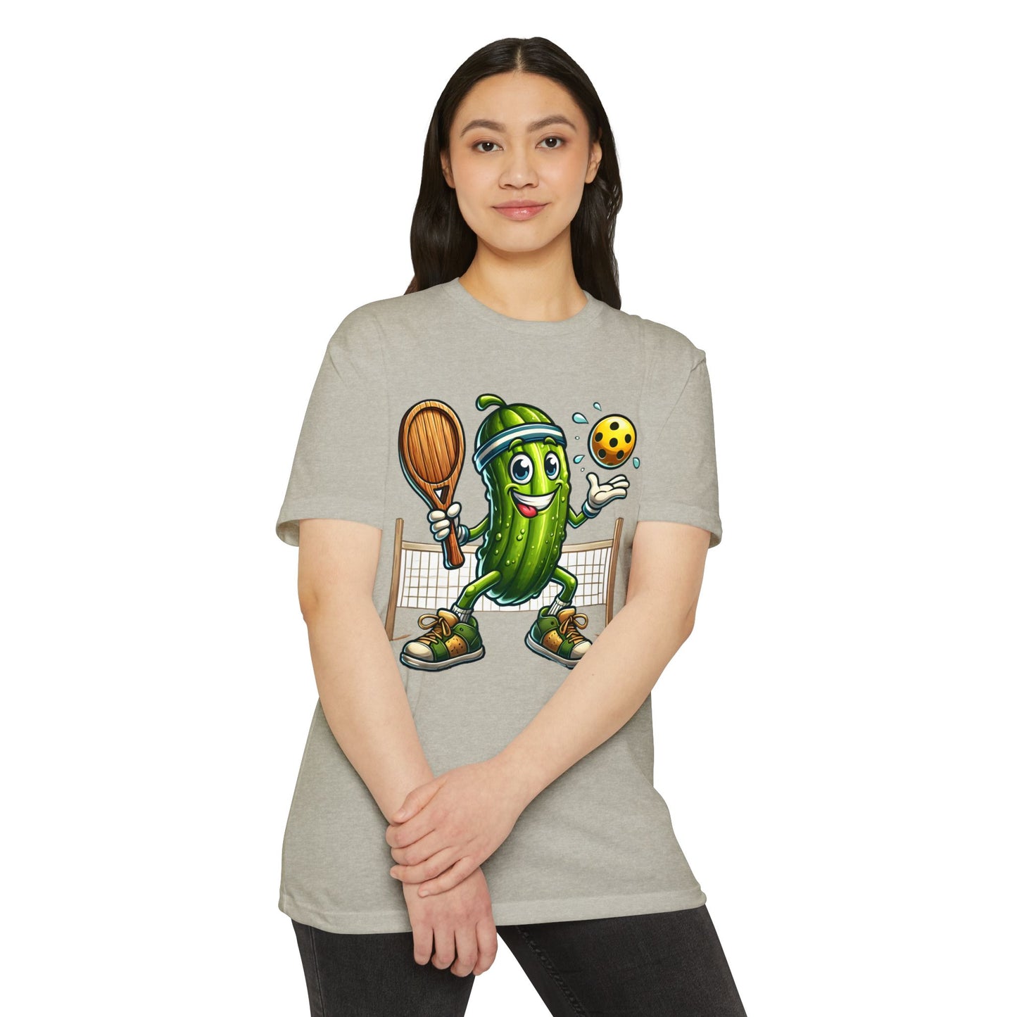 Pickleball Pickle T-Shirt — Cute Cartoon Pickle Playing Pickleball Tee