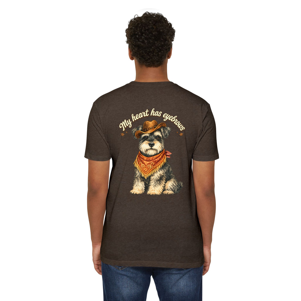 Schnauzer Cowboy T-Shirt — "My Heart Has Eyebrows" Cute Dog Graphic Tee