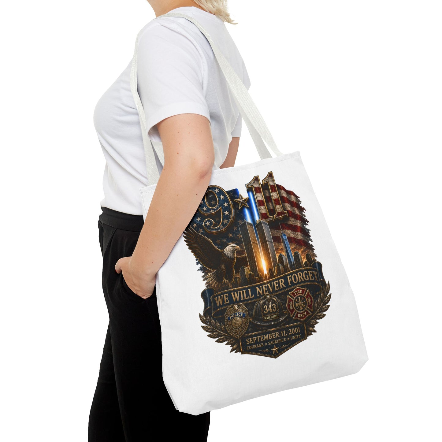 9/11 Memorial Tote Bag — "We Will Never Forget" Patriotic Tribute