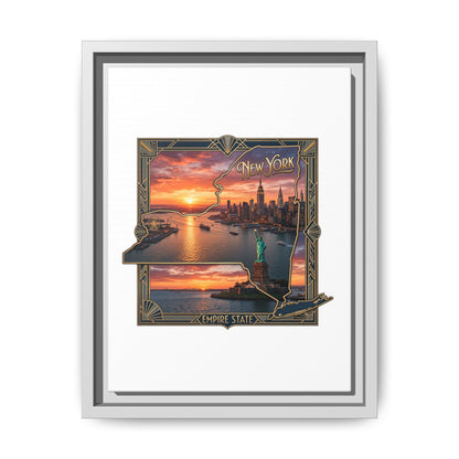 Framed Matte Canvas Wall Art — New York City Sunset Skyline with Statue of Liberty