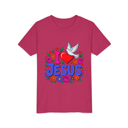 Youth Tee — "I  Jesus" Colorful Dove & Floral Christian Shirt