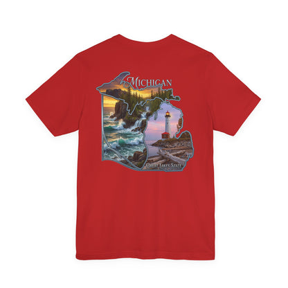 Michigan Scenic Map T-Shirt — Great Lakes Lighthouse Sunset Tee