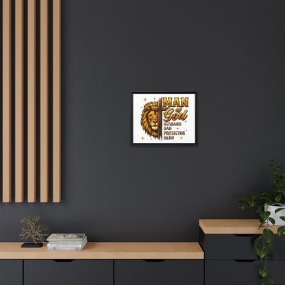 Man of God Framed Canvas Art — 'Man of God: Husband, Dad, Protector, Hero' Religious Wall Decor