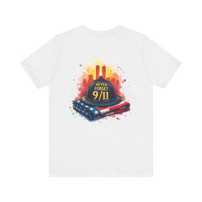 Never Forget 9/11 Memorial T-Shirt — Firefighter Helmet & Flag Tribute Tee