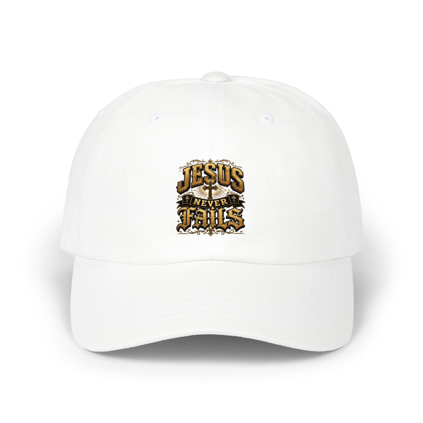 Jesus Never Fails Dad Cap — Christian Faith Baseball Hat