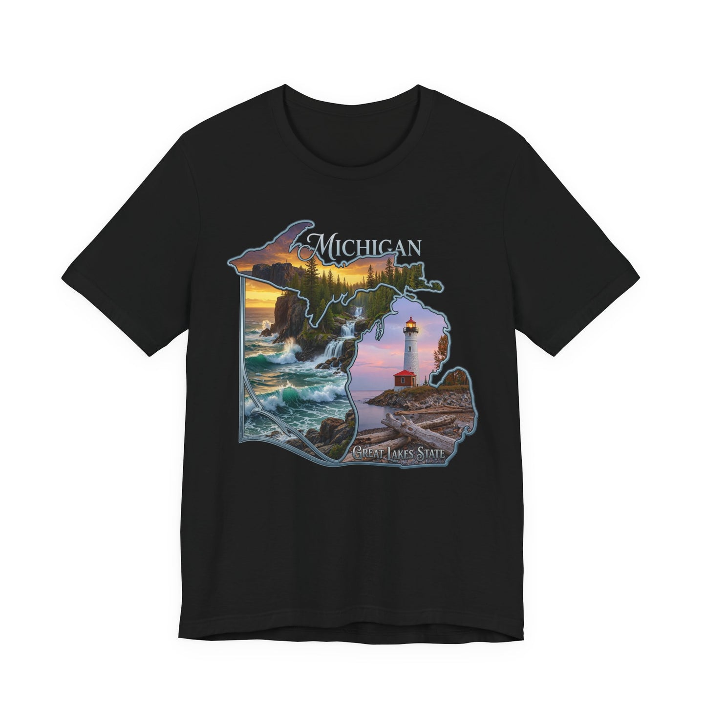 Michigan Scenic Map T-Shirt — Great Lakes Lighthouse Sunset Tee
