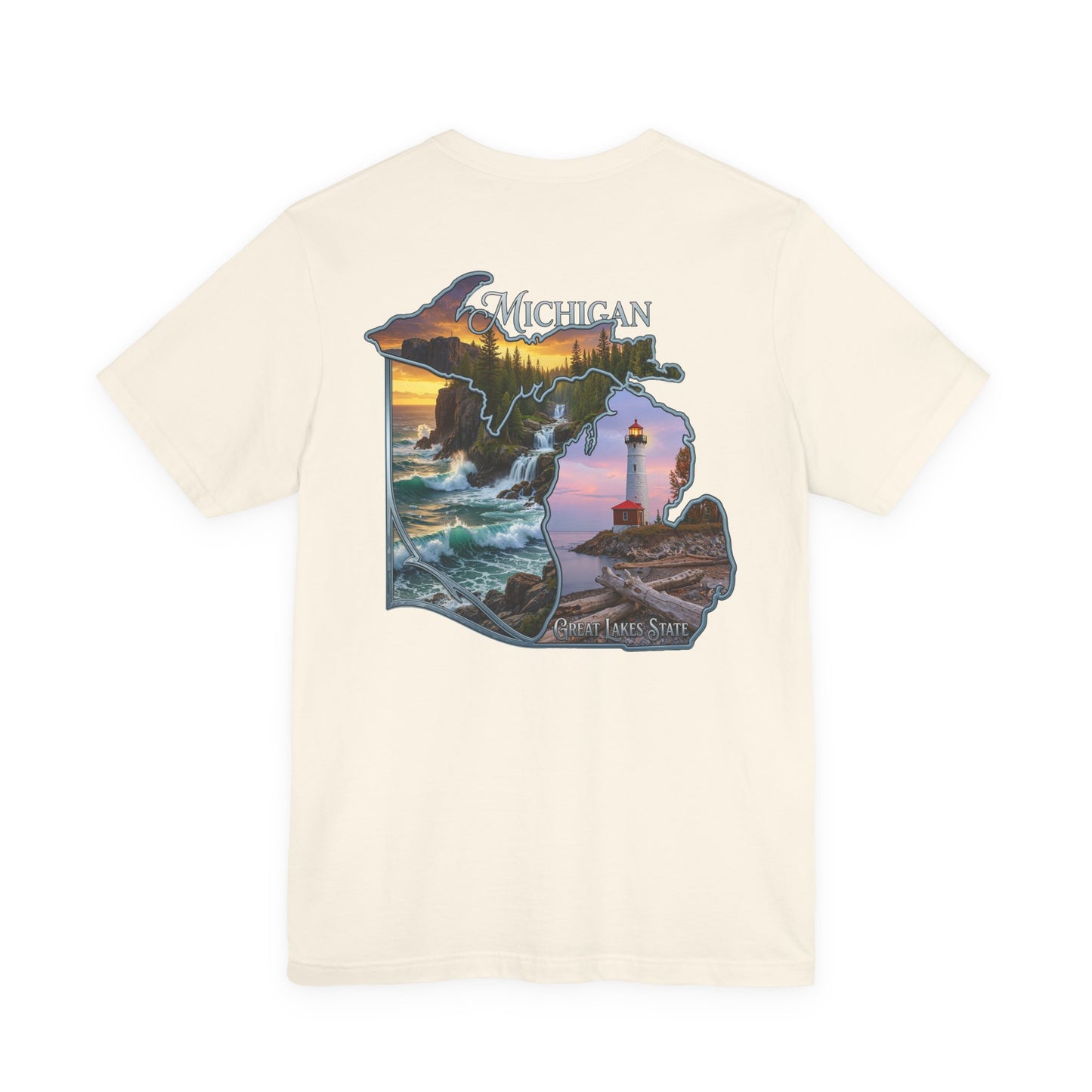 Michigan Scenic Map T-Shirt — Great Lakes Lighthouse Sunset Tee