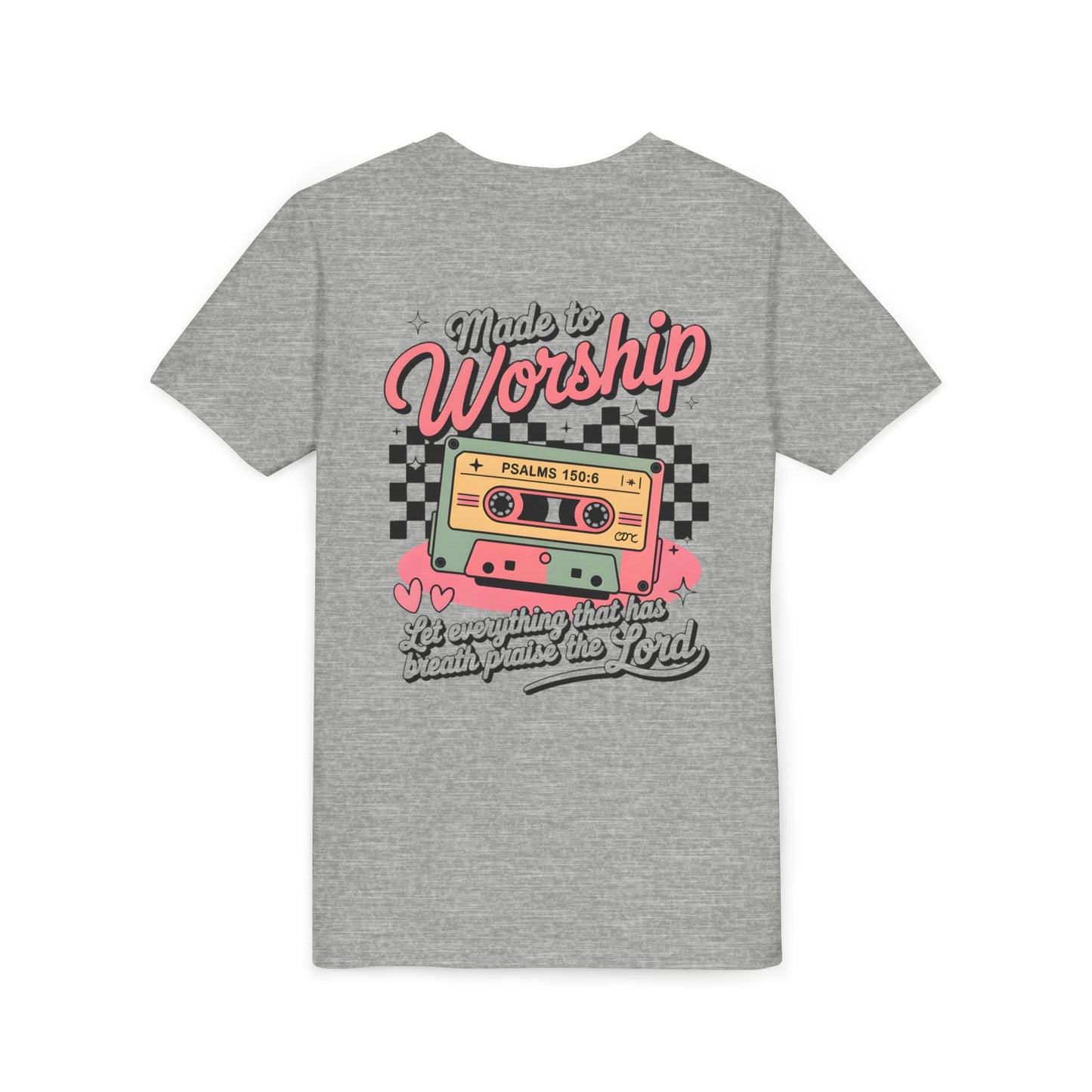 Made to Worship Youth Tee – Retro Cassette Christian Kids Shirt (Psalms 100:4)
