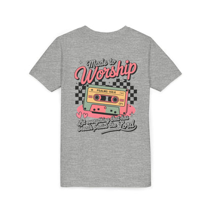 Made to Worship Youth Tee – Retro Cassette Christian Kids Shirt (Psalms 100:4)