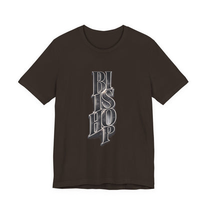 Bishop Vertical Script Tee — Vintage Gothic Lettering T-Shirt