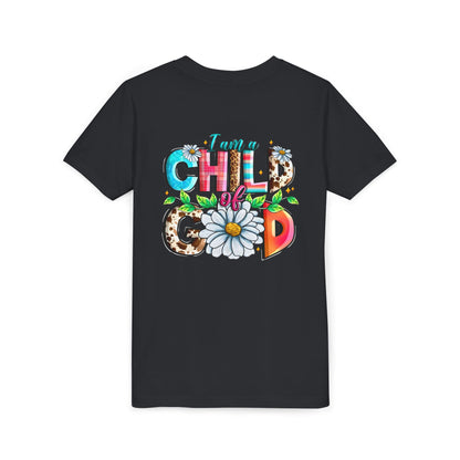 Youth Tee — "I Am a Child of God" Floral Christian Graphic