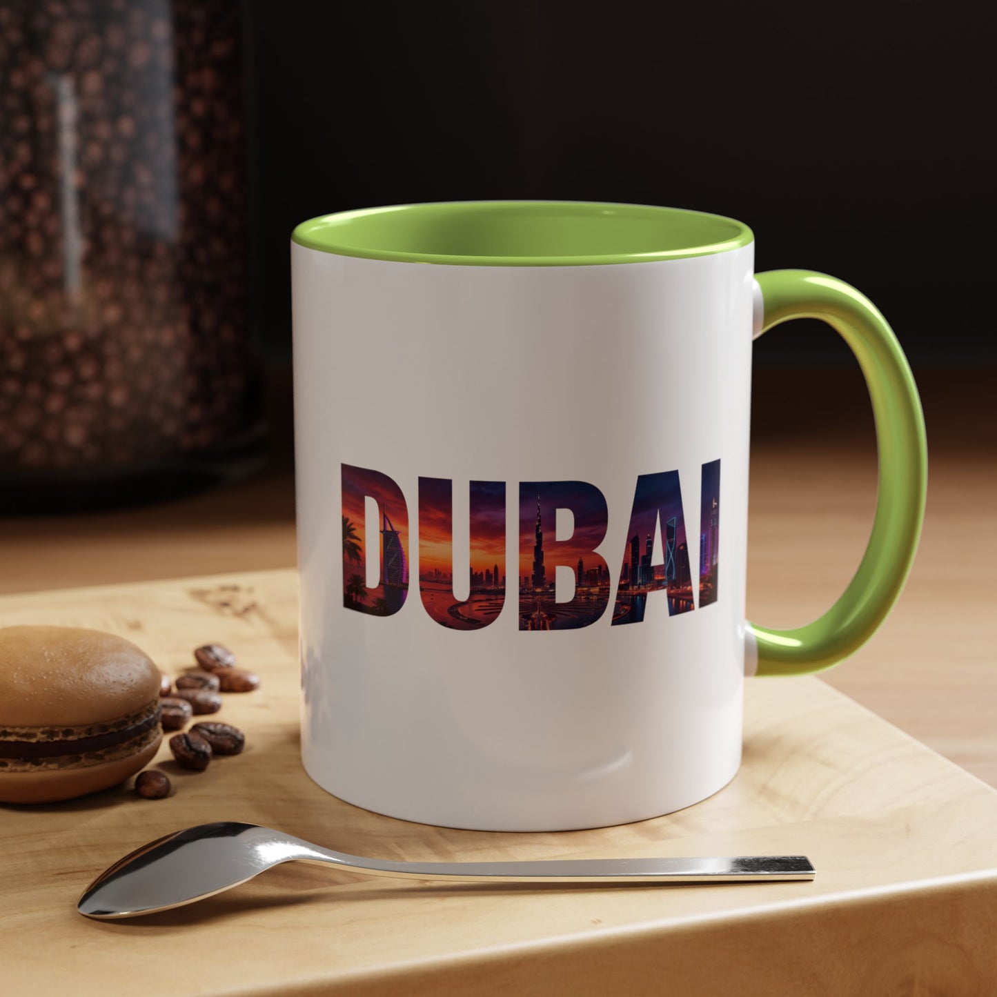 Dubai Skyline Accent Coffee Mug — Sunset City Photo Text (11/15oz)
