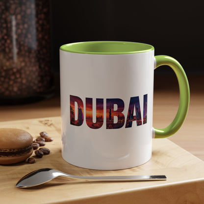 Dubai Skyline Accent Coffee Mug — Sunset City Photo Text (11/15oz)