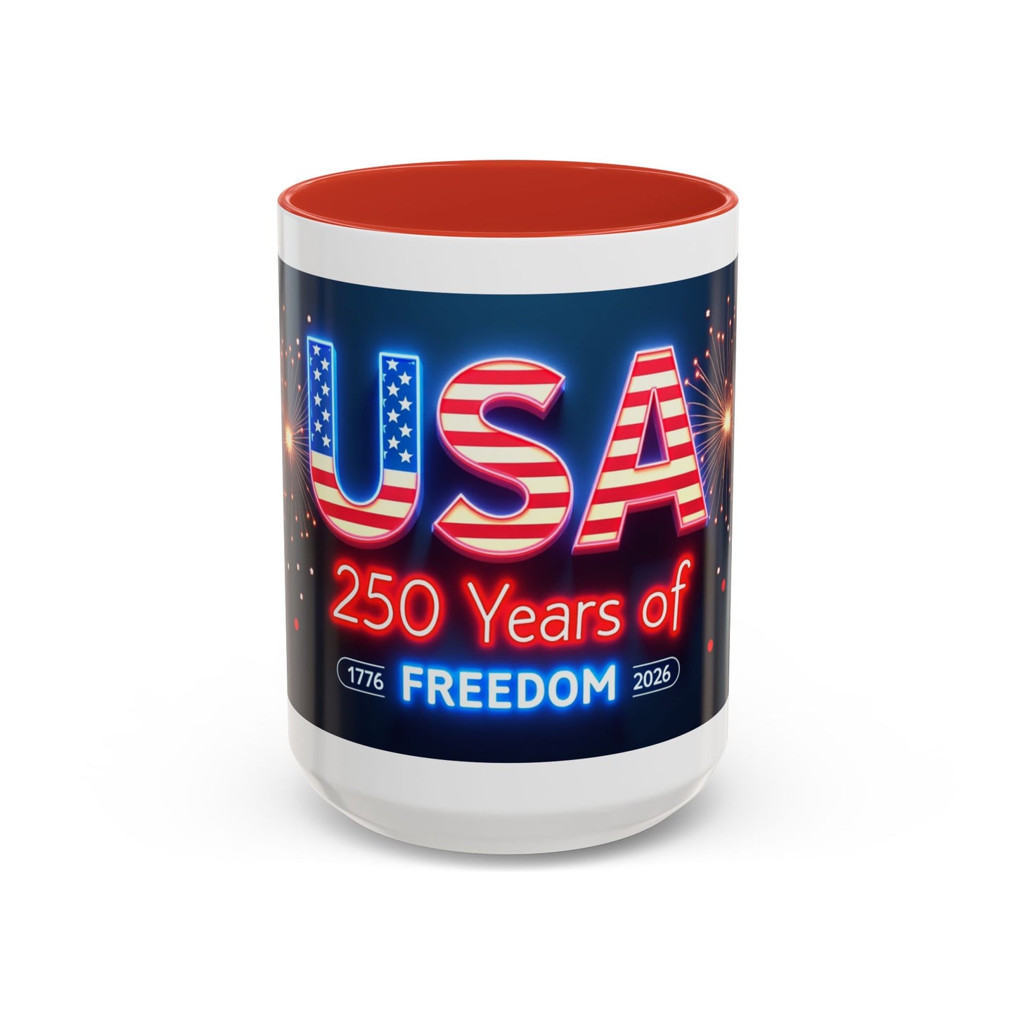 USA 250 Years of Freedom Accent Coffee Mug — Patriotic 1776–2026 Fireworks Design (11/15oz)
