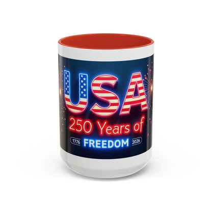 USA 250 Years of Freedom Accent Coffee Mug — Patriotic 1776–2026 Fireworks Design (11/15oz)