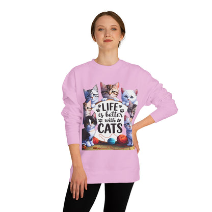 Cats Crewneck Sweatshirt — "Life Is Better With Cats" Cozy Cat Lover Pullover