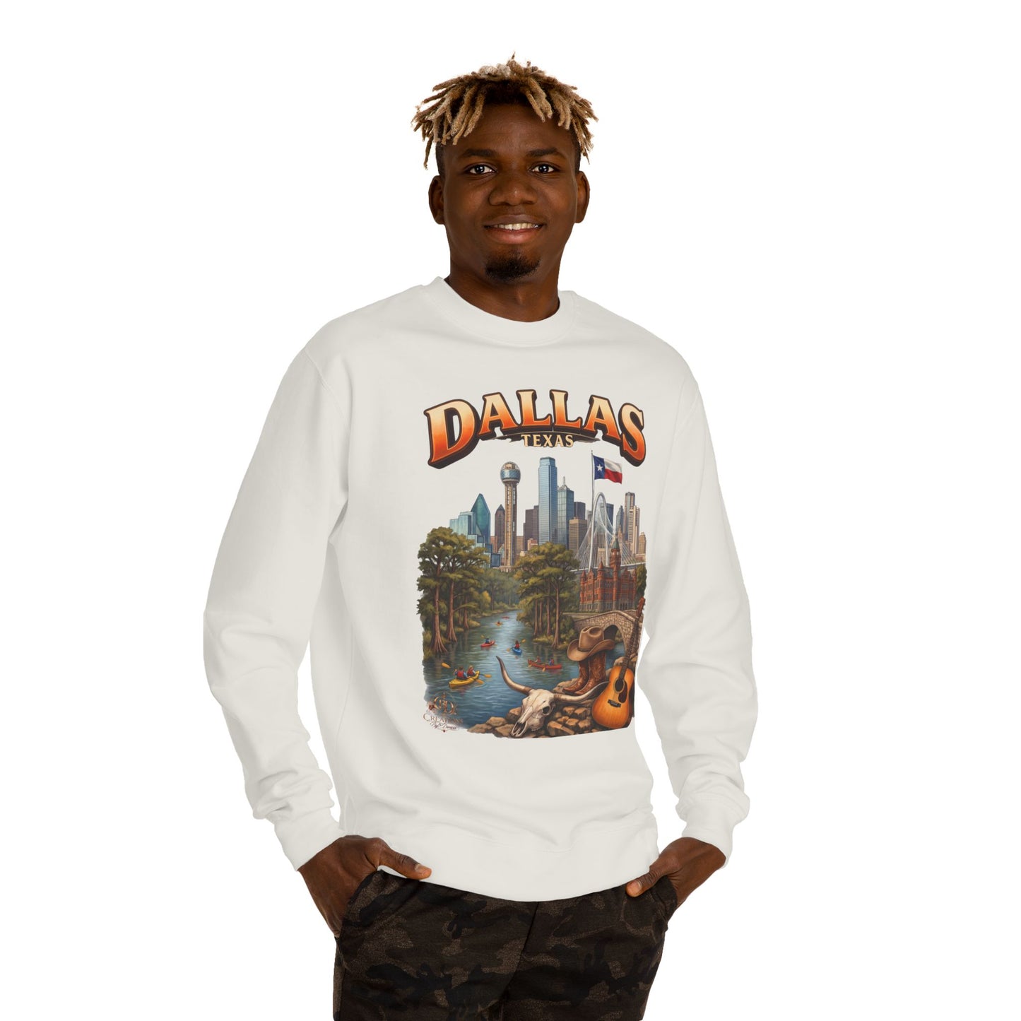Dallas Skyline Crewneck Sweatshirt — Texas Cityscape & Acoustic Guitar Design