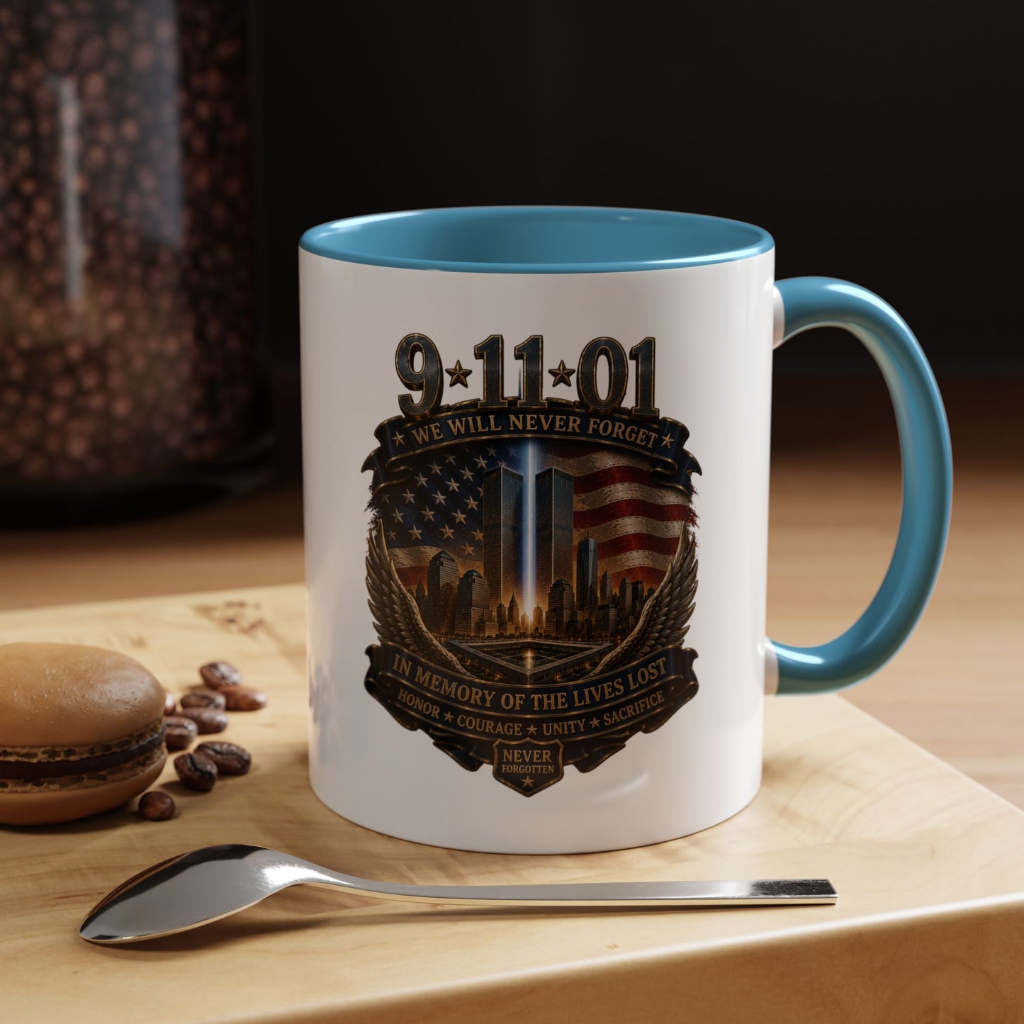9/11 Memorial Coffee Mug — 'We Will Never Forget' Tribute Accent Mug