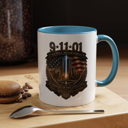 9/11 Memorial Coffee Mug — 'We Will Never Forget' Tribute Accent Mug