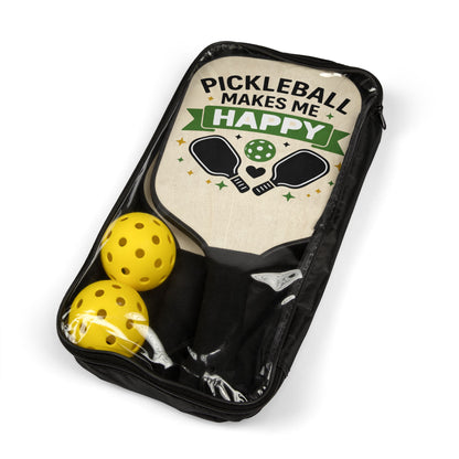 Pickleball Paddle Set – “Pickleball Makes Me Happy” Design (2 Paddles + Balls)