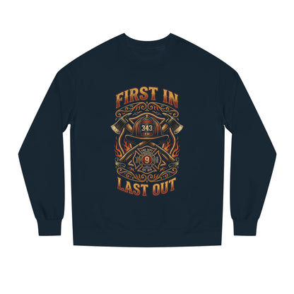 Firefighter Crewneck Sweatshirt — "First In, Last Out" Vintage Fire Department Design