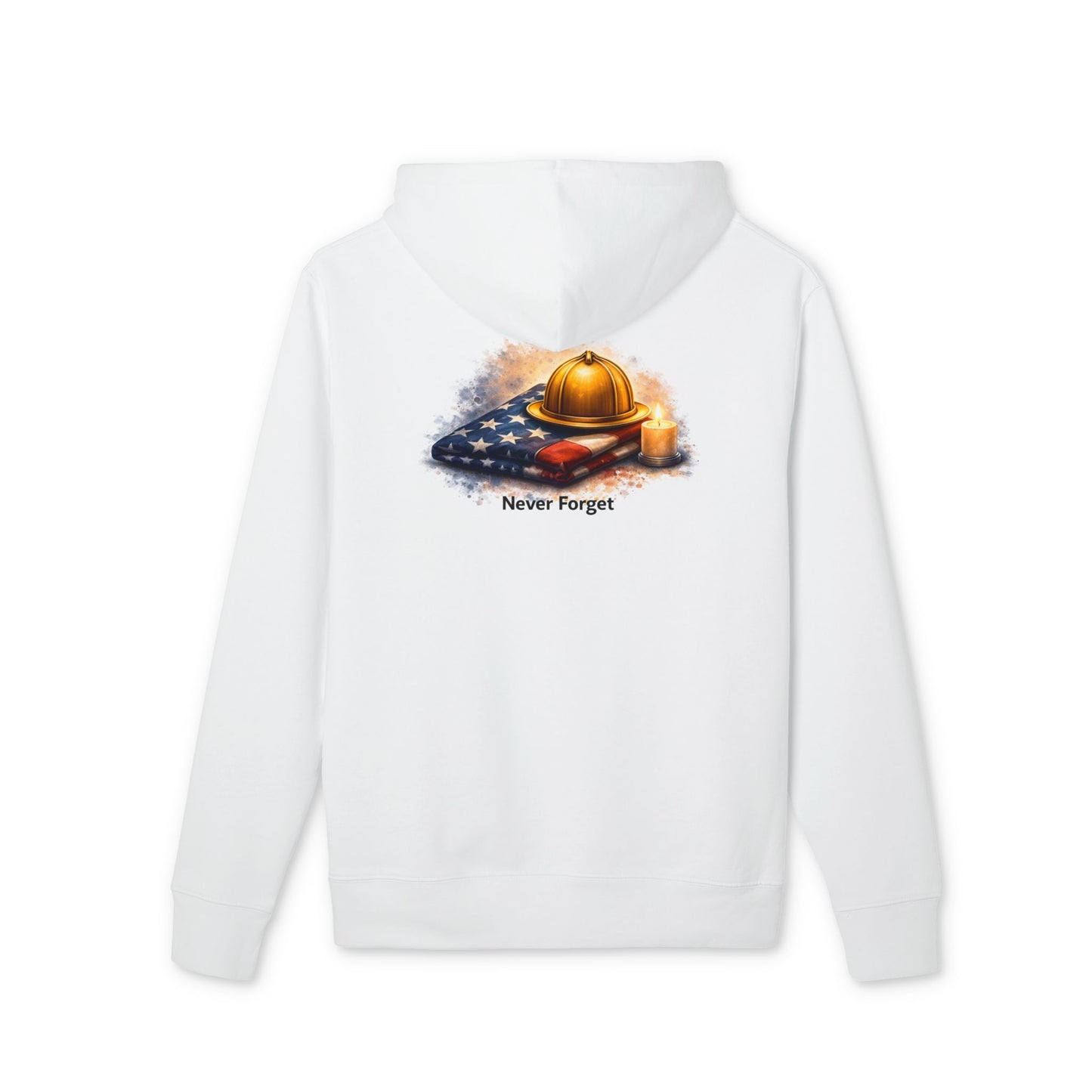 9/11 Never Forget Hoodie — Firefighter Helmet & Flag Tribute