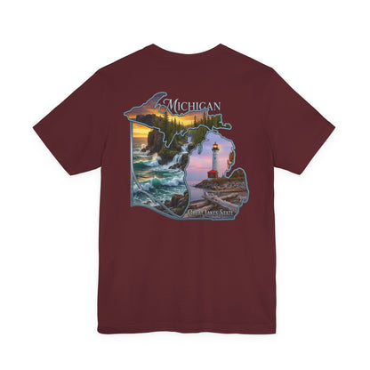 Michigan Scenic Map T-Shirt — Great Lakes Lighthouse Sunset Tee