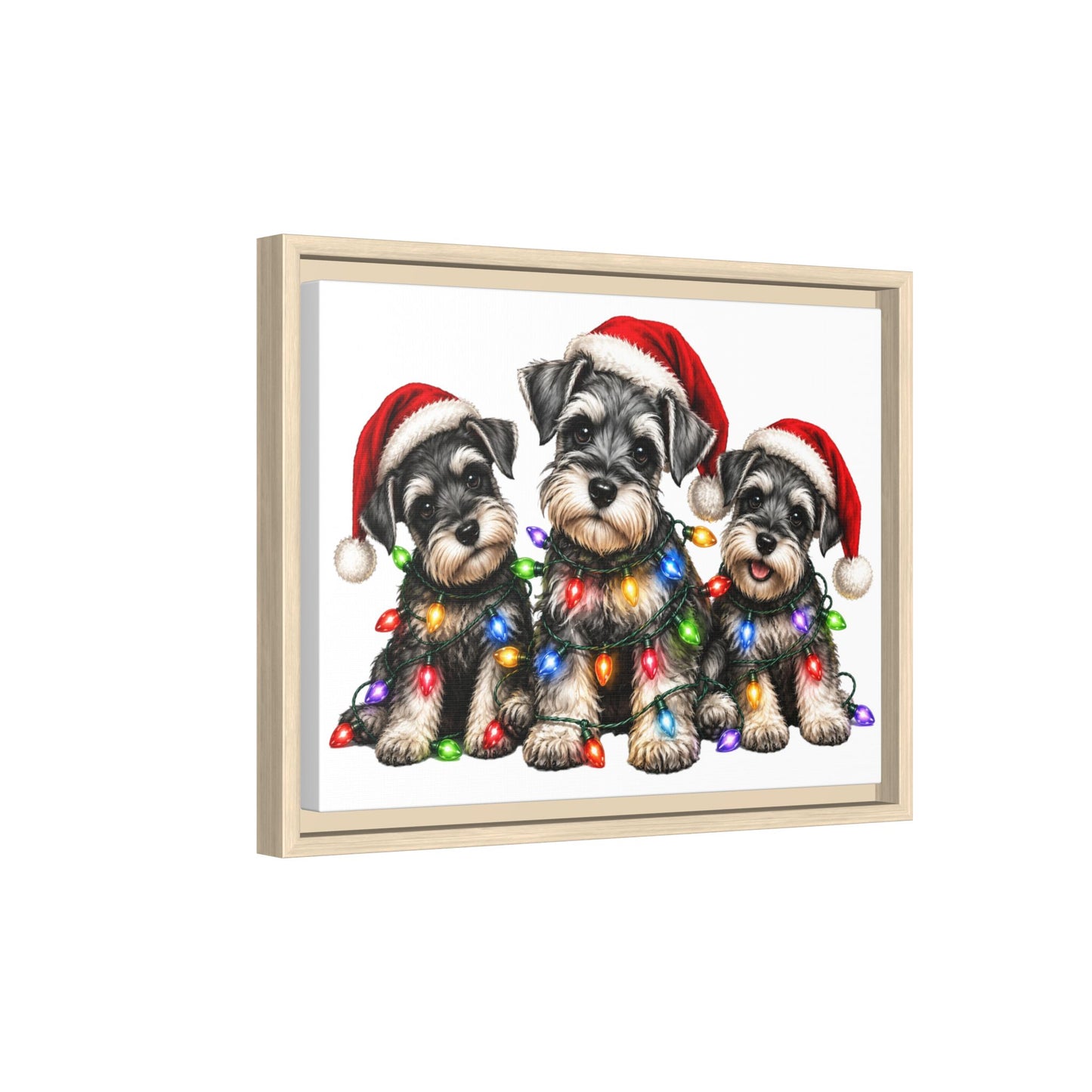 Christmas Schnauzer Canvas Print — Festive Puppies in Santa Hats (Matte Framed)