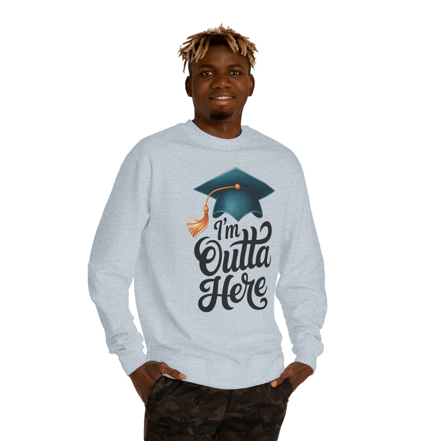 Graduation Crewneck Sweatshirt – “I’m Outta Here” Cap & Tassel Design