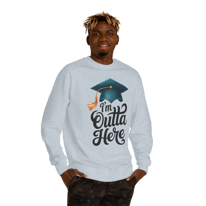Graduation Crewneck Sweatshirt – “I’m Outta Here” Cap & Tassel Design