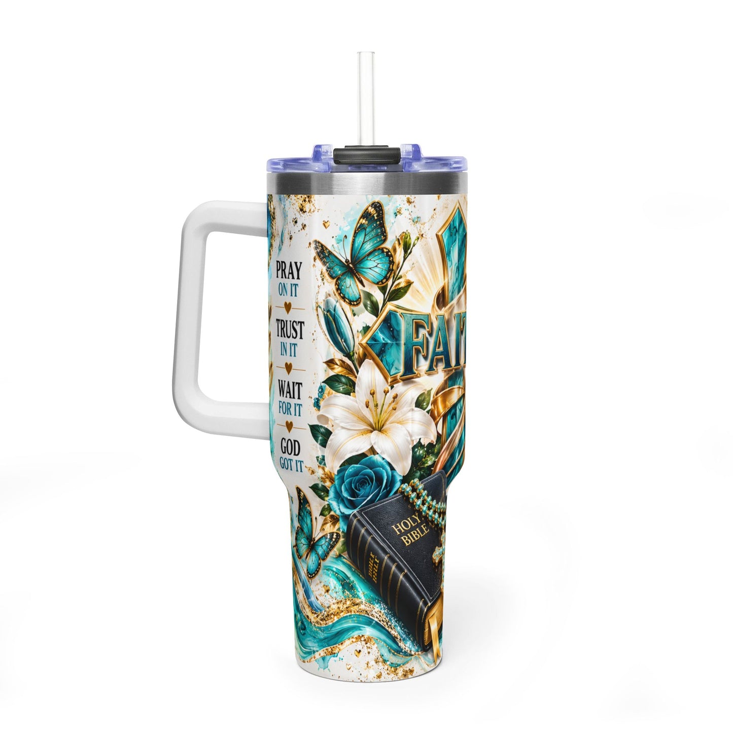 Faith 40oz Vacuum Tumbler — Inspirational Christian Travel Cup with Cross & Bible Design