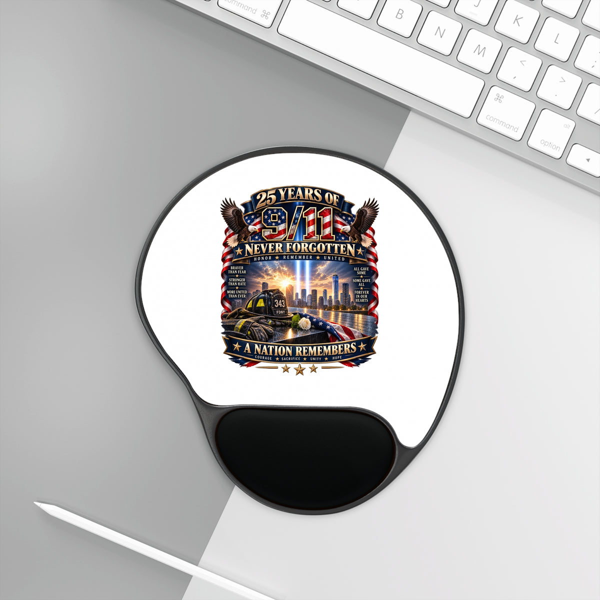 9/11 Memorial Mouse Pad with Wrist Rest — "25 Years of 9/11 Never Forgotten" Commemorative Desk Mat