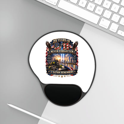 9/11 Memorial Mouse Pad with Wrist Rest — "25 Years of 9/11 Never Forgotten" Commemorative Desk Mat
