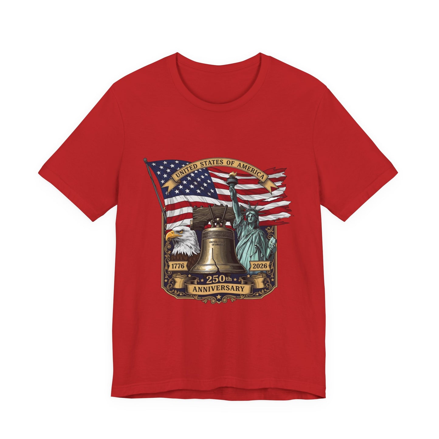 Liberty 250th Anniversary T-Shirt — American Flag, Liberty Bell & Statue of Liberty Tee