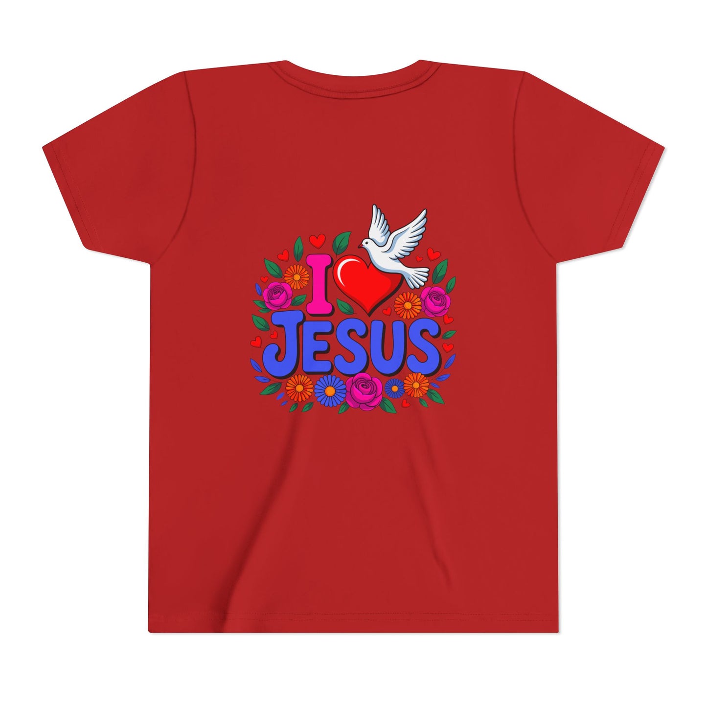 Youth Tee — "I  Jesus" Colorful Dove & Floral Christian Shirt