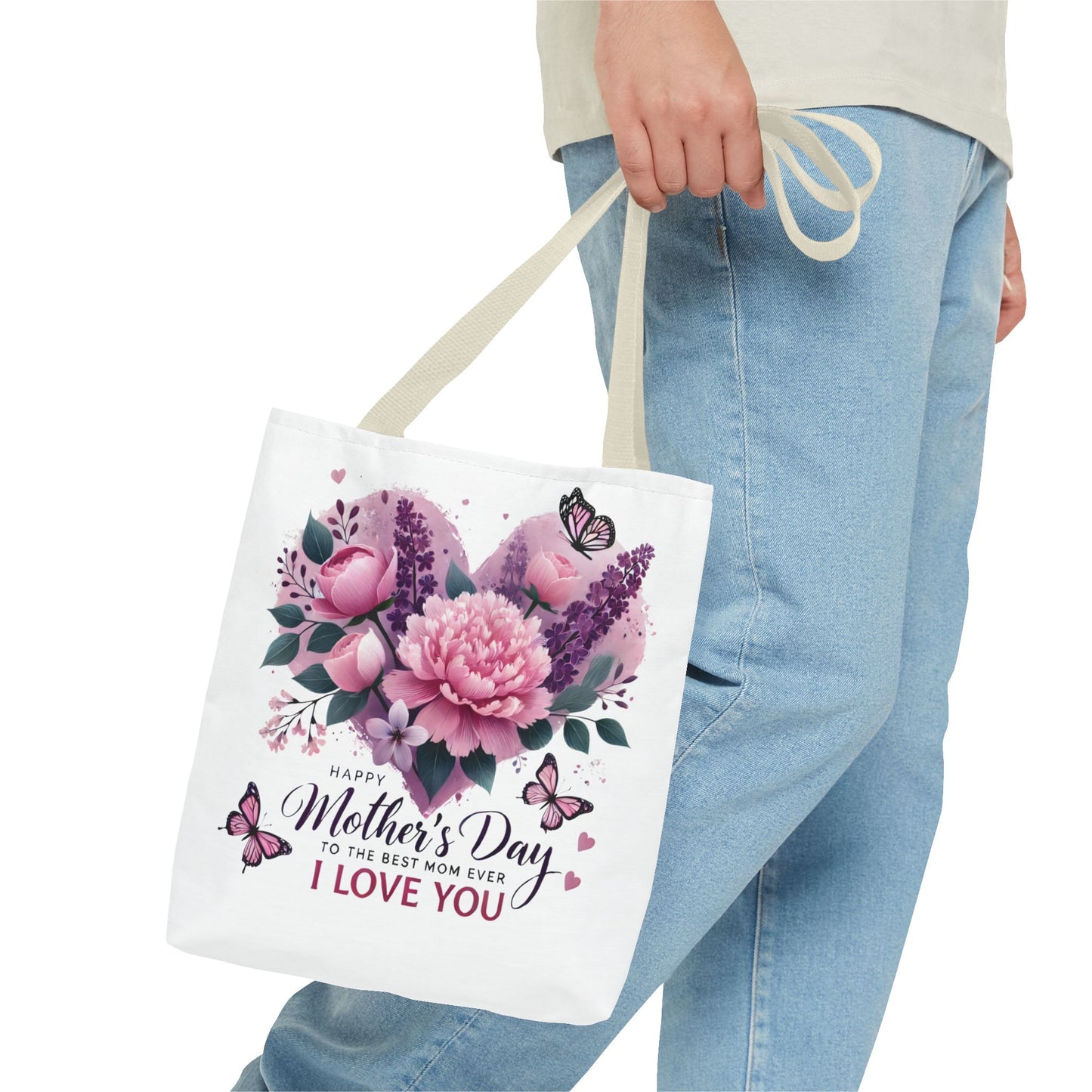 Mother's Day Floral Tote Bag - "Happy Mother's Day I Love You" Heart Bouquet