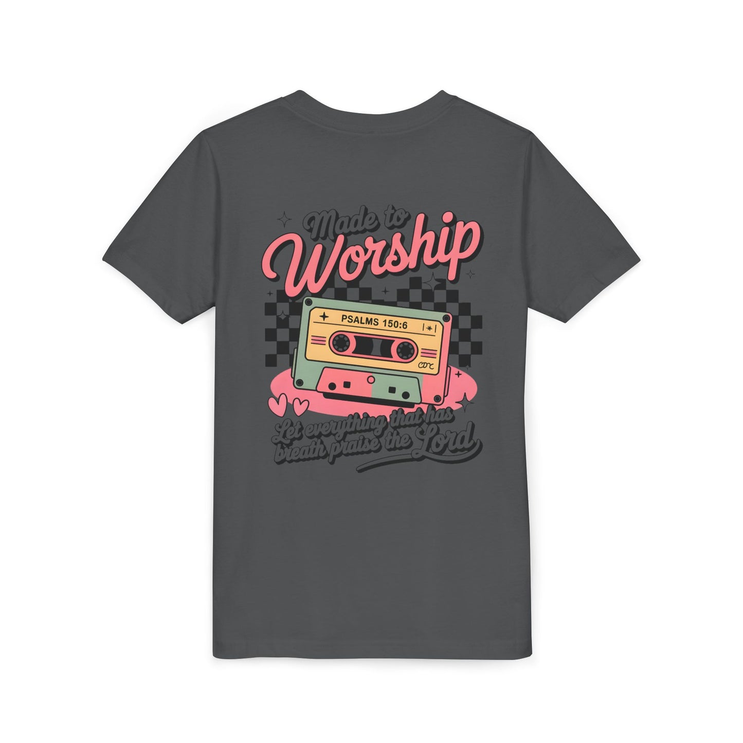 Made to Worship Youth Tee – Retro Cassette Christian Kids Shirt (Psalms 100:4)