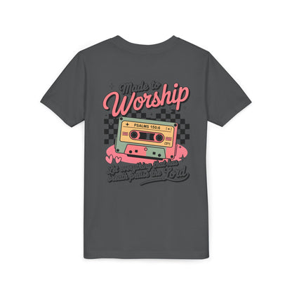 Made to Worship Youth Tee – Retro Cassette Christian Kids Shirt (Psalms 100:4)