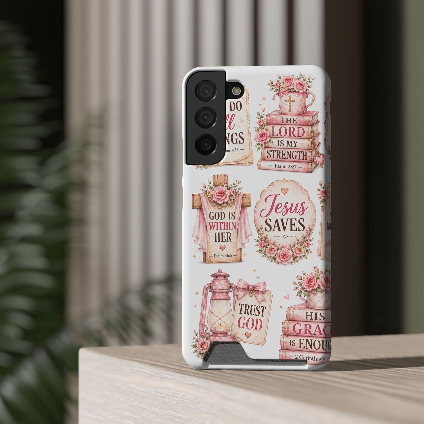 Christian Floral Phone Case with Card Holder — 'Jesus Saves' Inspirational Design