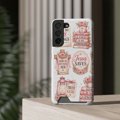 Christian Floral Phone Case with Card Holder — 'Jesus Saves' Inspirational Design