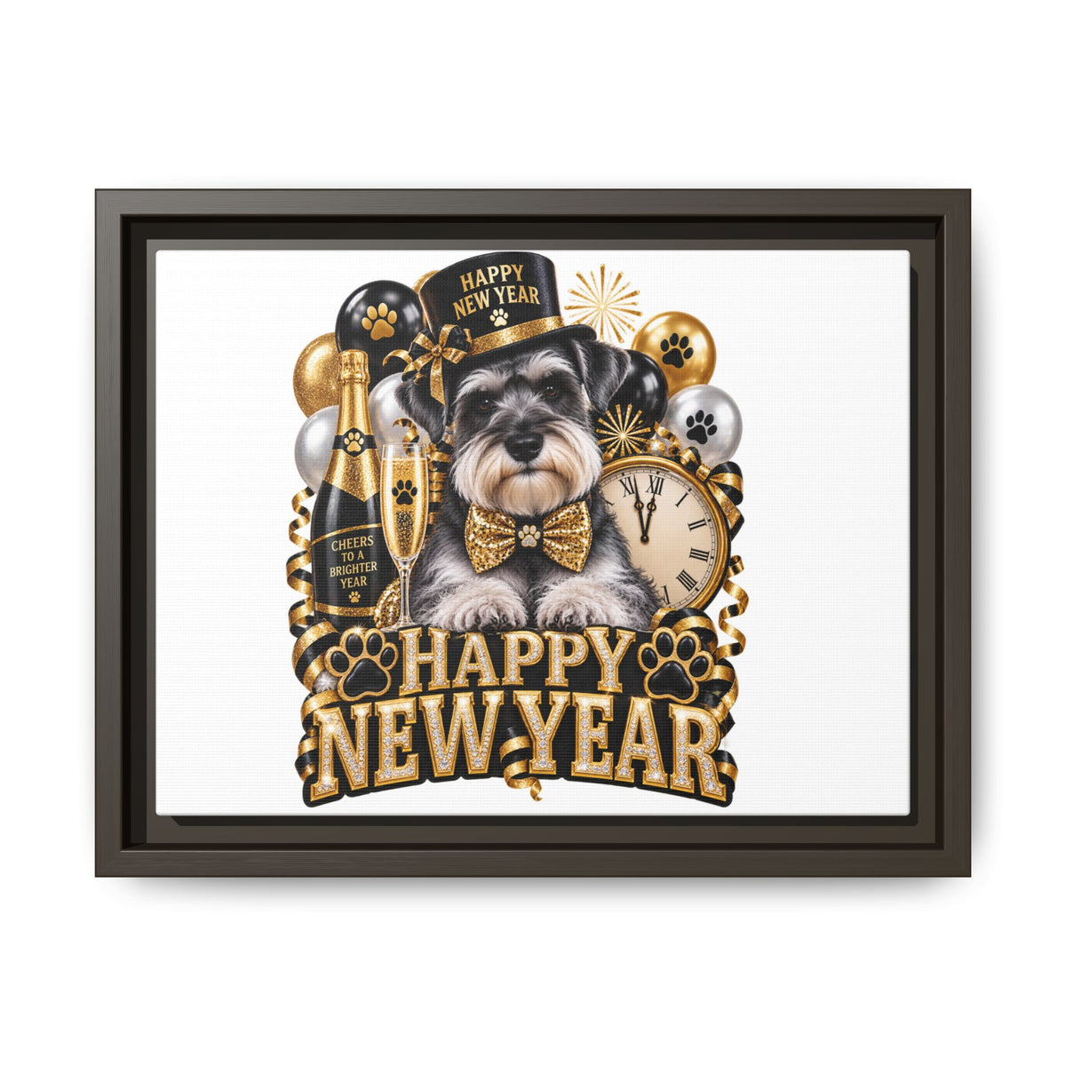 Happy New Year Schnauzer Matte Canvas Framed Art