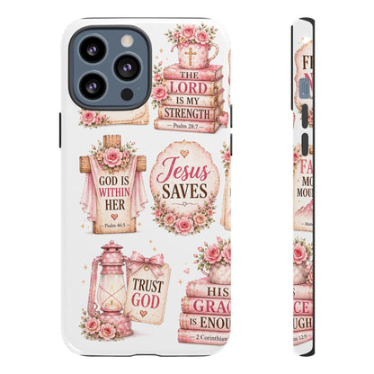 Christian Phone Case — Jesus Saves Floral Tough Case with 'God Is Within Her' & 'Trust God' Design
