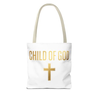 Child of God Tote Bag — Gold Cross Religious Canvas Tote