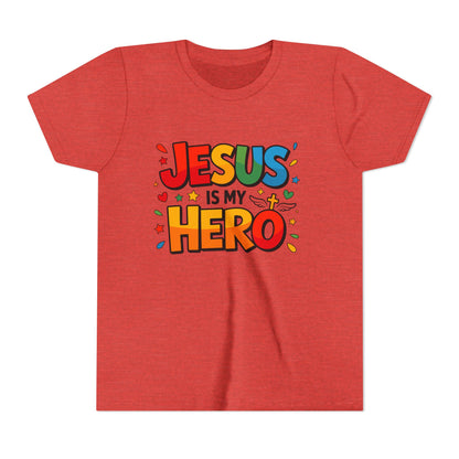 Youth Tee — "Jesus Is My Hero" Colorful Kids Christian T-Shirt