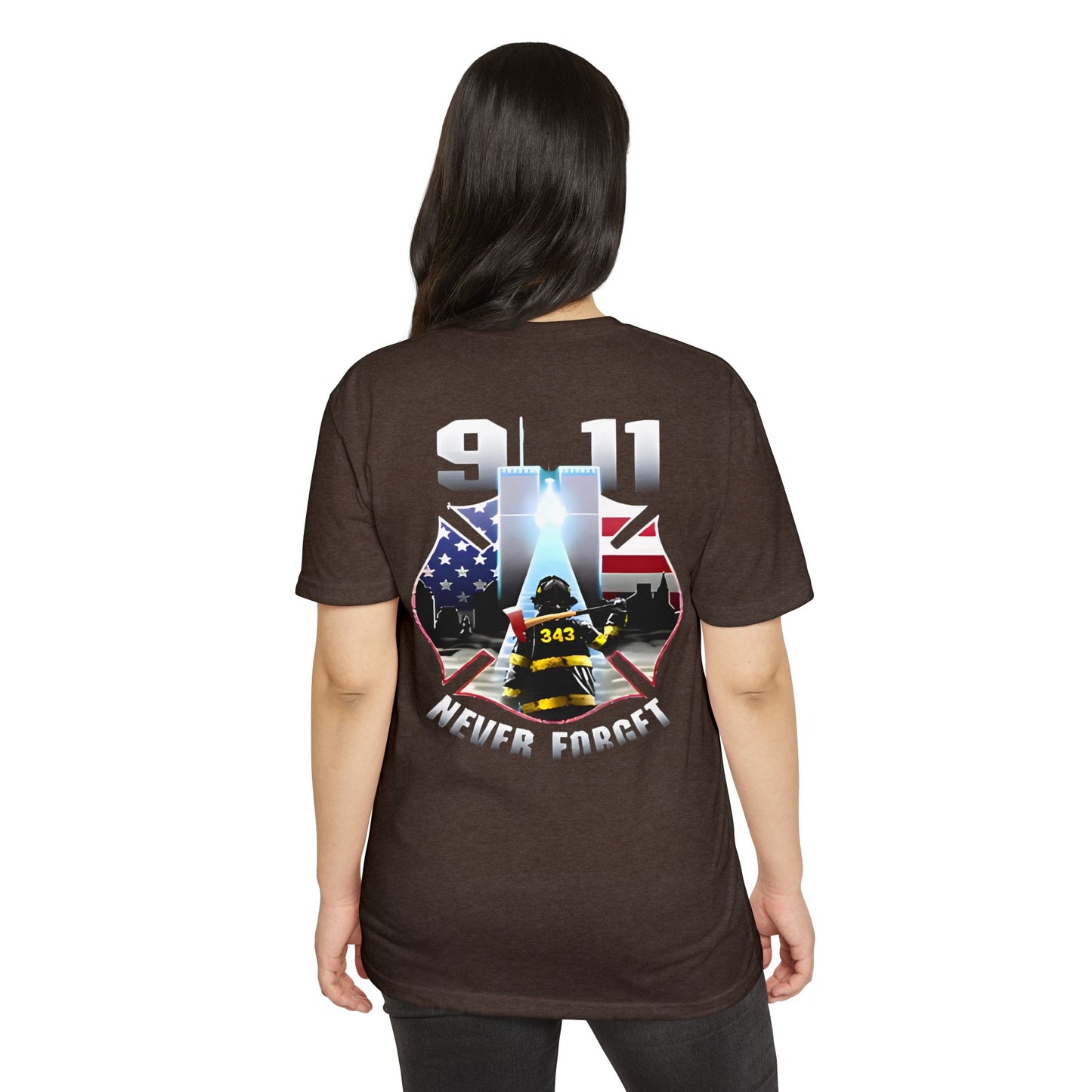9/11 Never Forget T-Shirt — Firefighter Tribute Tee with Twin Towers & American Flag