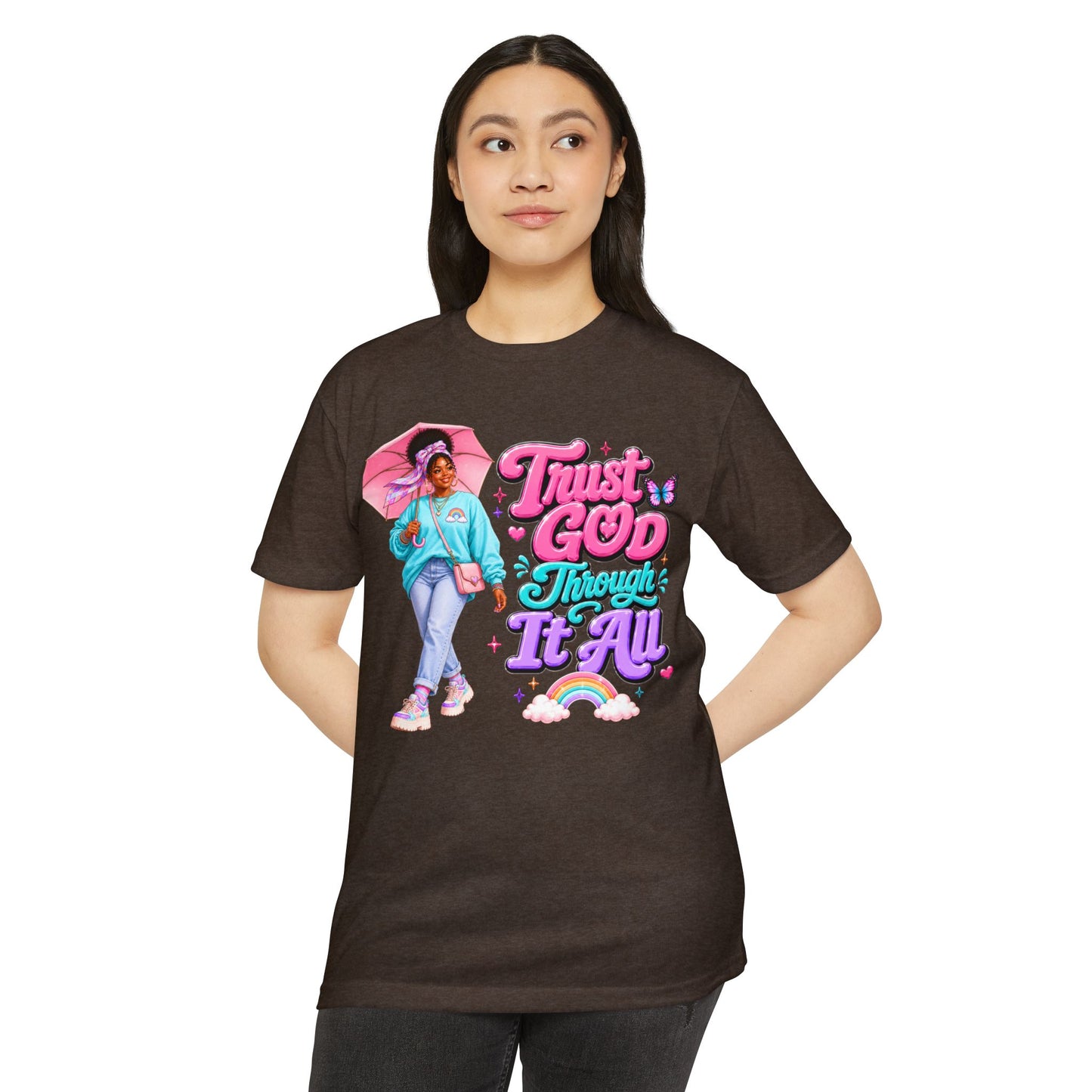 Trust God Through It All T-Shirt — Inspirational Faith Tee with Colorful Girl Illustration