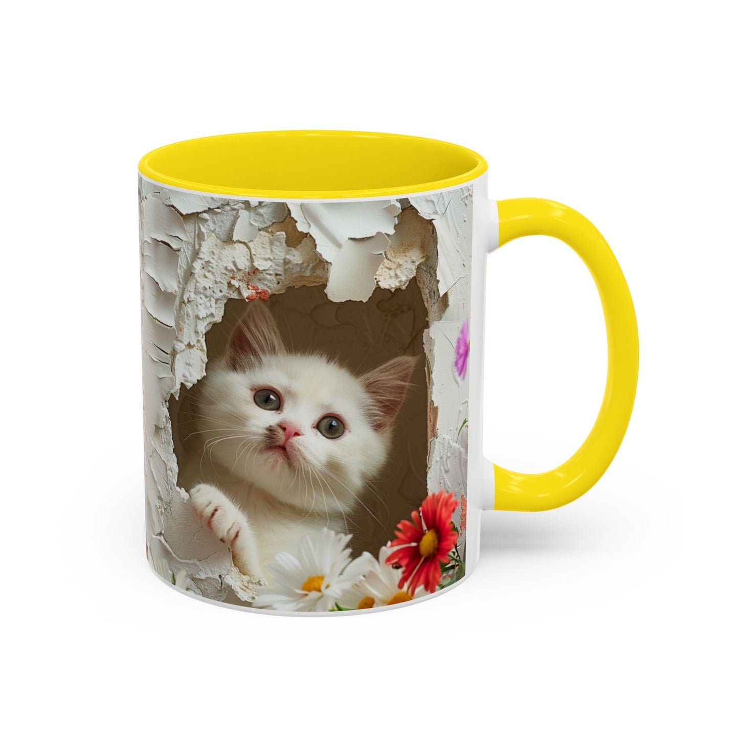 Peek-A-Boo Kitten Accent Coffee Mug — Cute Cat Floral Design (11/15oz)