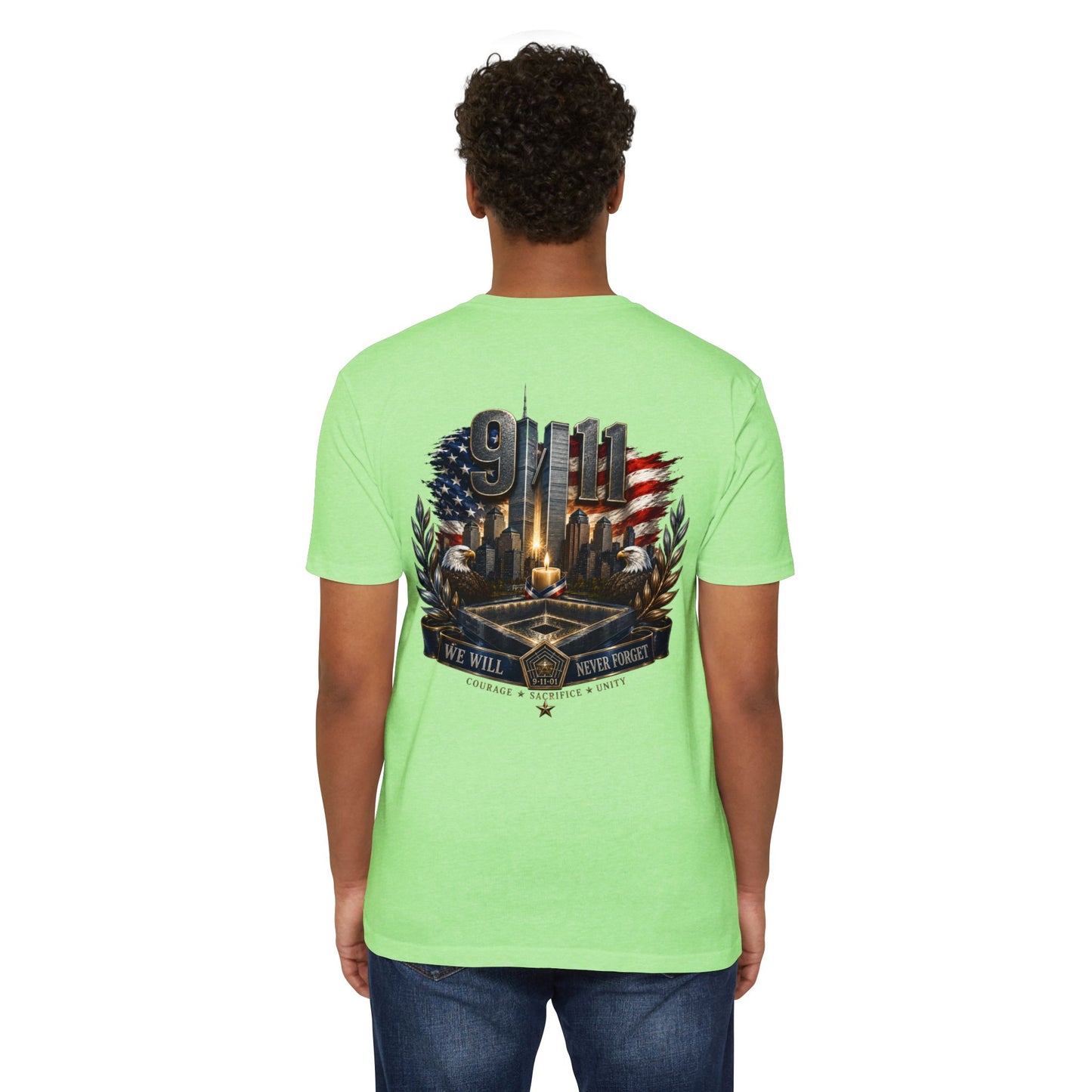 9/11 Never Forget Memorial T-Shirt — Tribute American Flag Skyline Tee