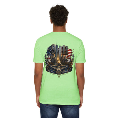 9/11 Never Forget Memorial T-Shirt — Tribute American Flag Skyline Tee