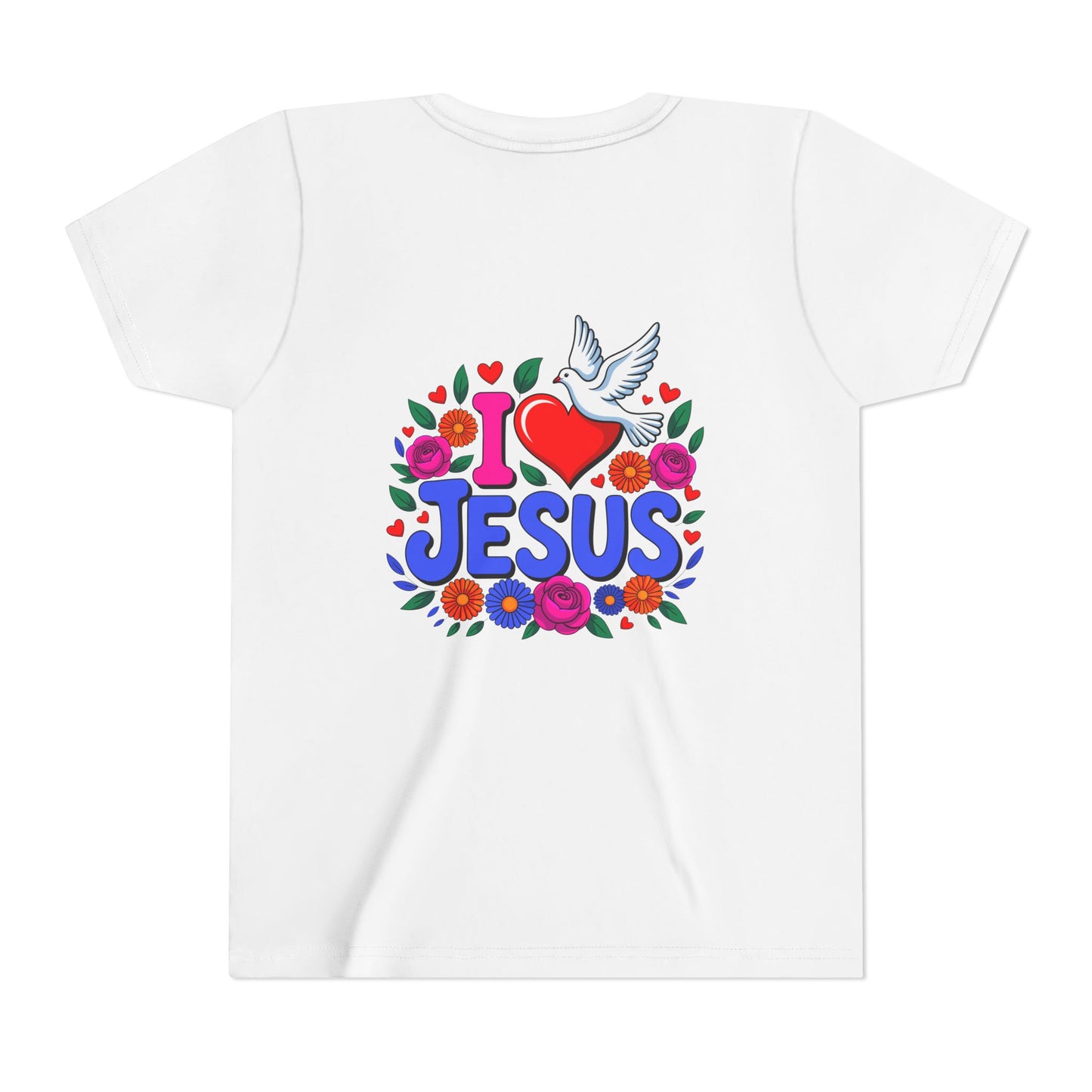 Youth Tee — "I  Jesus" Colorful Dove & Floral Christian Shirt